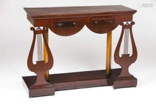 A pair of Empire style console tablesMahoganyWith two small drawers and lire shaped side