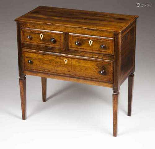 A small D.Maria style chest of drawersRosewood and other timbersThree drawers and bone lock