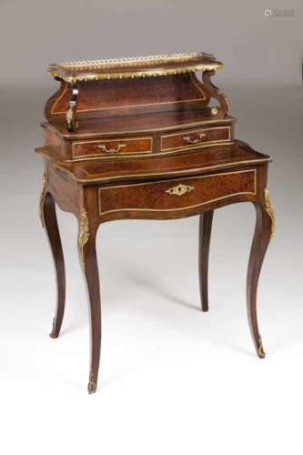 A Napoleon III style Bonheur du JourRosewood veneered woodBrass mountsThree drawers20th