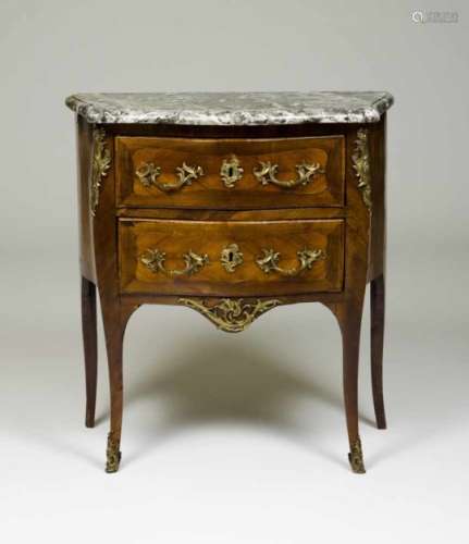 A small Louis XV bronze-mounted mahogany commodeMahogany marquetryMarble top above two drawers,