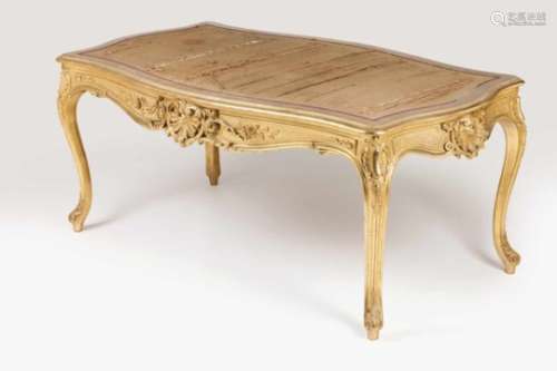 A Louis VXI style centre tableCarved and gilt wood with shell and foliage motifsFabric coated