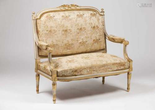A Louis XVI two seater setteePart carved, gilt and lacquered woodBack, seats and arms upholstered in
