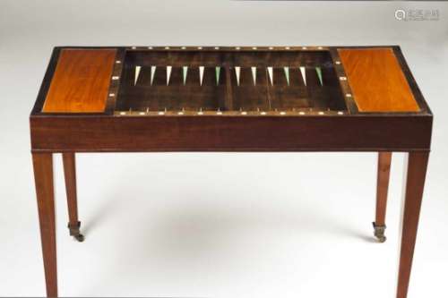 A Louis XVI style tric trac tableMahognay and other woodsFabric and leather lined reversible