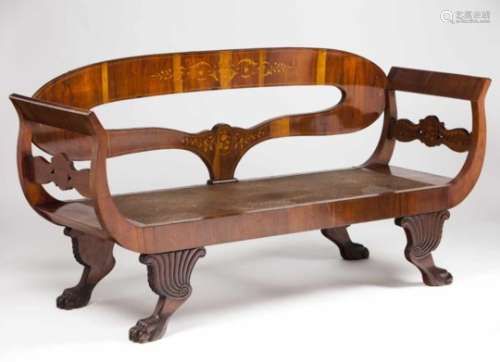 A setteeRosewood veneered with satinwood inlaysPierced and scalloped back and sidesCarved legs