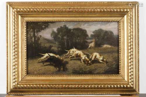 Christophe Cathelinaux (1819-1883)A hunting scene with dogsOil on boardSigned23x40 cm- - -15.00 %