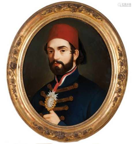 French school, 19th centuryA portrait of a Turkish officialOil on canvas applied on glass47x38,5 cm-