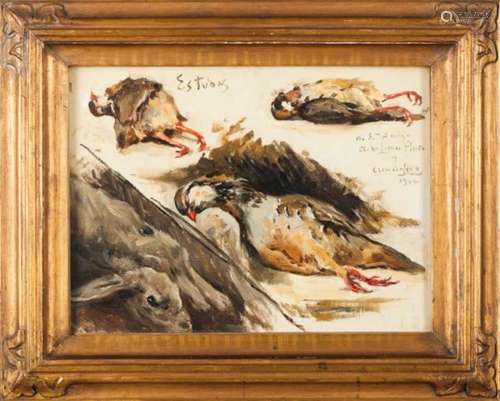 Acácio Lino (1878-1956)A hunting scene with partridges (preparatory study)Oil on canvasApplied on