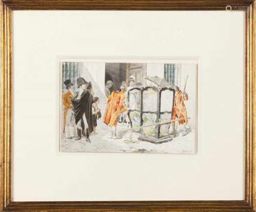 Roque Gameiro (1864-1935)A cityscape with figures and sedan chairWatercolour on paperSigned15x22 cm-