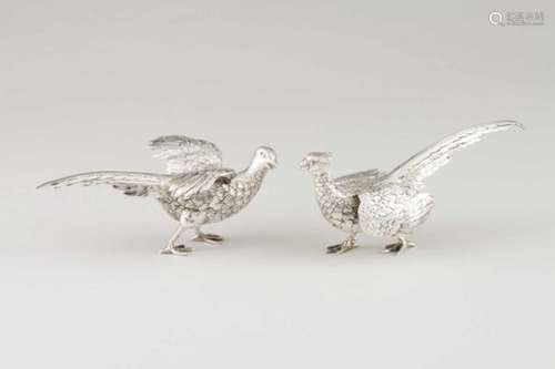 A pair of pheasantsEuropean silverMoulded and chiselled sculpturesEuropean assay mark, 835/000, 20th