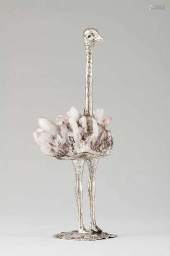 A wading birdSilverChiselled silver and rock crystal sculpture on a silver standOporto hallmark,