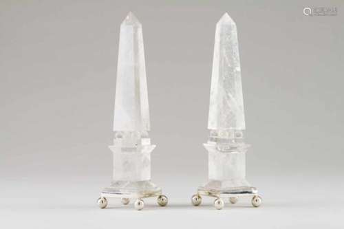 A pair of obelisksRock crystal sculptureOn a square stand with four silver ball feetOporto hallmark,