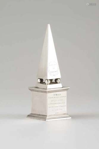 An unusual inkstandPortuguese silver with obelisk on plinth and french praise inscriptionOporto