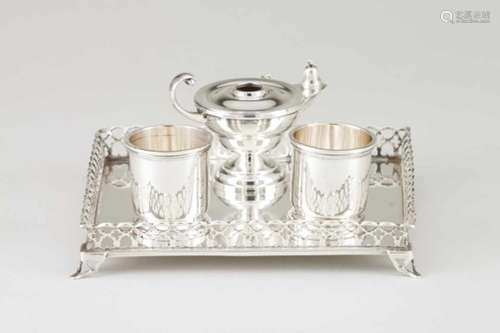 An inkwellPortuguese silverLamp and two wells on a rectangular base of pierced lip on 4 feetLisbon