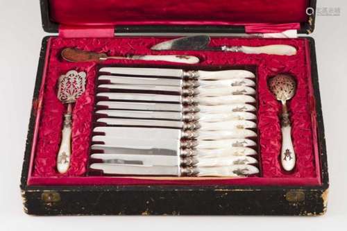 A dessert cutlery setMother-of-pearl handles and silver with earl's coronet and initial12 forks,