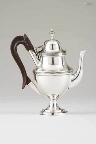 A small coffee potPortuguese silverPlain body of engraved frieze and urn lid pommelCarved wooden