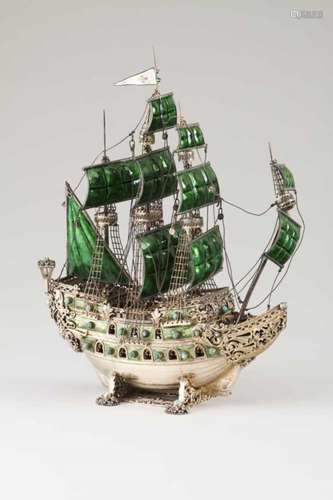 A galleonEuropean silver 19th/20th centuryExceptional white and gilt silver galleon miniature with