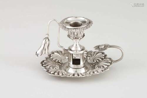 A small chamber stick with snufferPortuguese silverRaised floral and foliage decoration with tulip