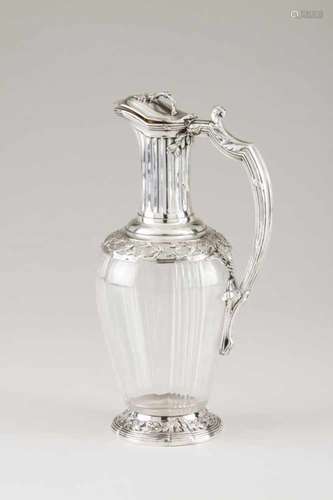 A jugFrench silver an decorated glassRaised friezes of foliage and grape motifsFluted handle of