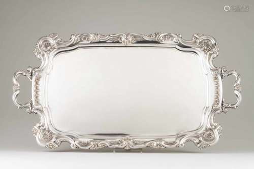 A large trayPortuguese silverRectangular base of scalloped rim, shell, volutes and acanthus repousse