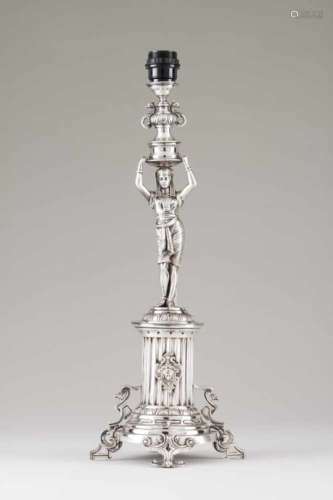 A wired lamp19th century Portuguese silverEgyptian figure on a fluted column shaftOporto assay