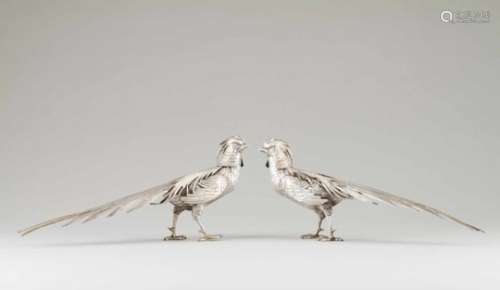 A pair of pheasantsSpanish silverCut, repousse and chiselled sculpturesSpanish hallmarks, Star 915/