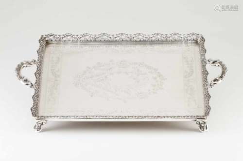 A rectangular trayPortuguese silverChiselled floral and foliage band decoration with cartouche