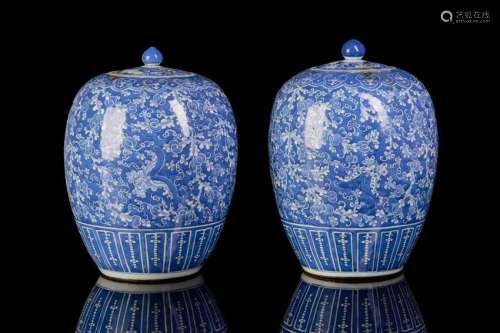 TWO RESERVE DECORATED BLUE & WHITE PORCELAIN JARS