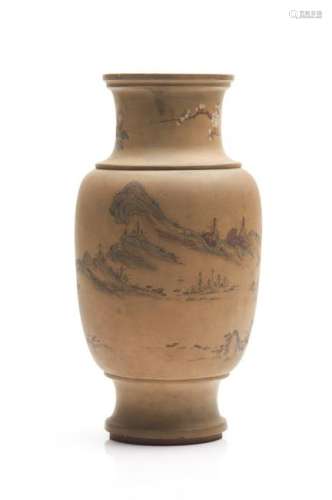 AN EARLY YIXING POTTERY POLYCHROME PAINTED VASE