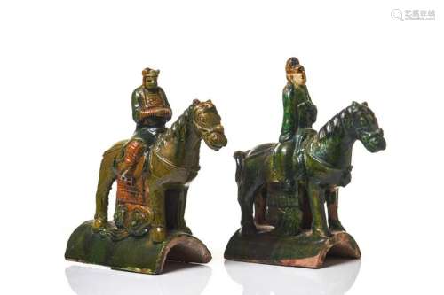 PAIR OF SANCAI GLAZED HORSE RIDER ROOF TILES