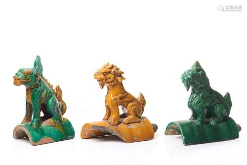 THREE CHINESE SANCAI MYTHICAL LION ROOF TILES