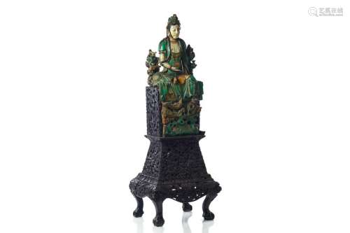 CHINESE MING SANCAI SEATED GUANYIN ON WOOD STAND