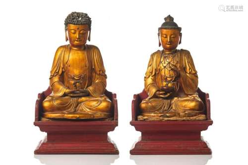 GILT & LACQUERED WOOD BUDDHA  AND BODHISATTVA