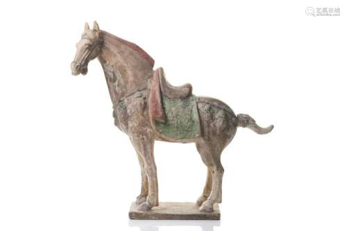 LARGE PAINTED TANG DYNASTY POTTERY HORSE FIGURE