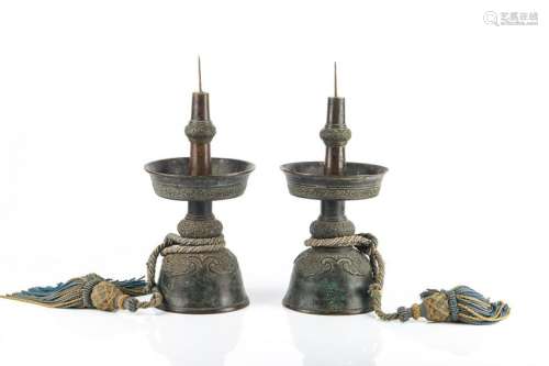 PAIR OF CHINESE BRONZE ALTAR CANDLE HOLDERS