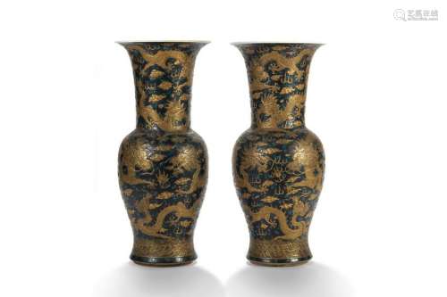 PAIR OF LARGE IMITATION BRONZE PORCELAIN VASES