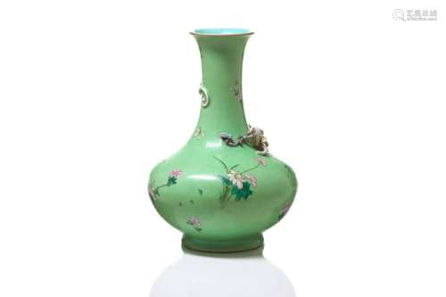 GREEN SGRAFFITO GROUND FAMILLE ROSE PORCELAIN VASE