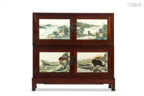CHINESE WOOD CHEST WITH FOUR PORCELAIN PLAQUES