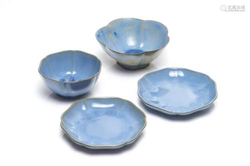 FOUR POTTERY MONOCHROME BLUE GLAZED BOWLS & DISHES