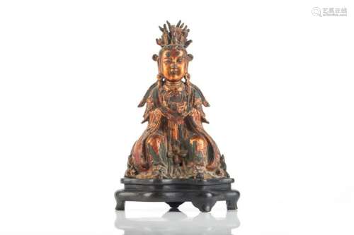 GOLD LACQUERED BRONZE BUDDHIST STATUE ON STAND