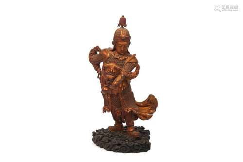 GOLD LACQUERED WOOD WEI TUO GUARDIAN FIGURE