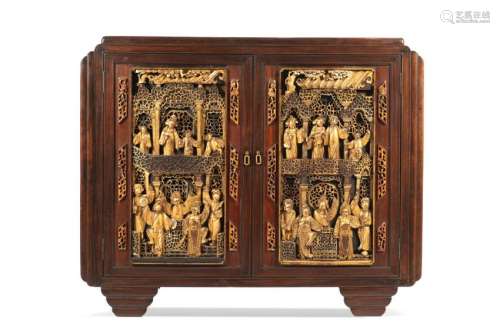 CHINESE CABINET WITH GILTWOOD CARVED PANELS