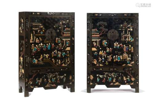 PAIR OF CHINESE BLACK LACQUER MIXED INLAY CABINETS