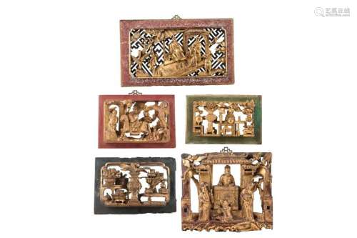 COLLECTION OF FIVE GILTWOOD CARVED PANELS