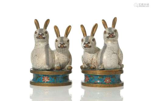 TWO CHINESE CLOISONNE BOXES WITH RABBIT TOPS