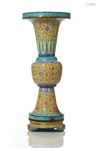 YELLOW GROUND CANTON ENAMEL ON COPPER GU VASE