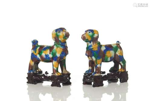 PAIR OF MOTTLE GLAZED PORCELAIN DOG FIGURES