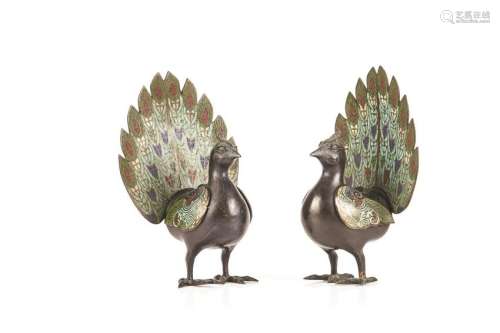 PAIR OF JAPANESE CHAMPLEVE BRONZE PEACOCK CENSERS