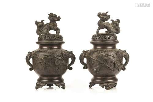 PAIR OF JAPANESE BRONZE COVERED CENSERS