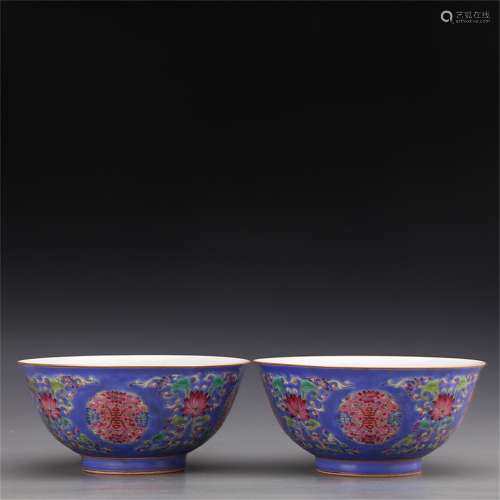 A Pair of Chinese Purple Ground Enamel Glazed Porcelain Bowls
