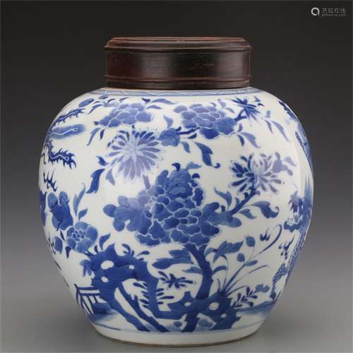 A Chinese Blue and White Porcelain Jar with Carved Hardwood Cap